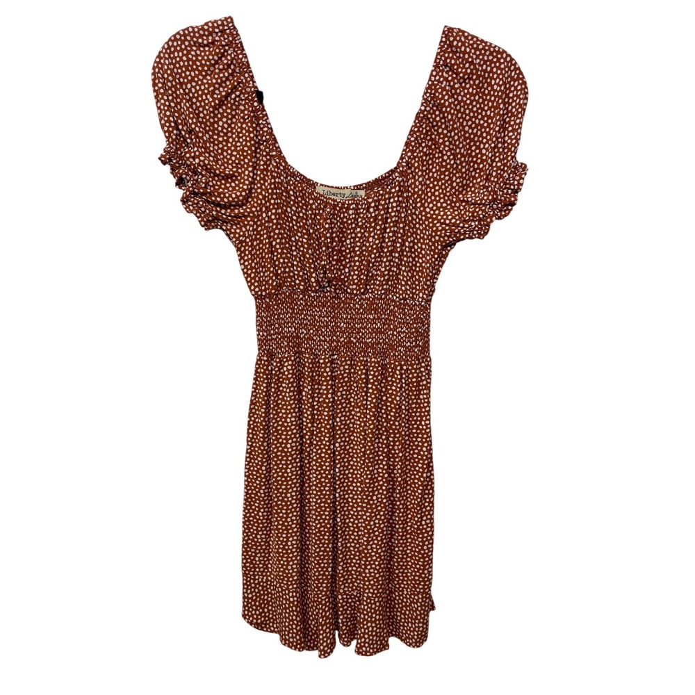 Liberty Love Mini Dress Burnt Orange White Polka Dot Smocked Short‎ Sleeve S